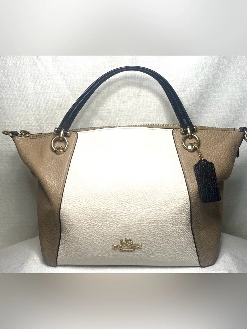Coach Tri-Tone Leather Satchel - Cream, Tan & Navy